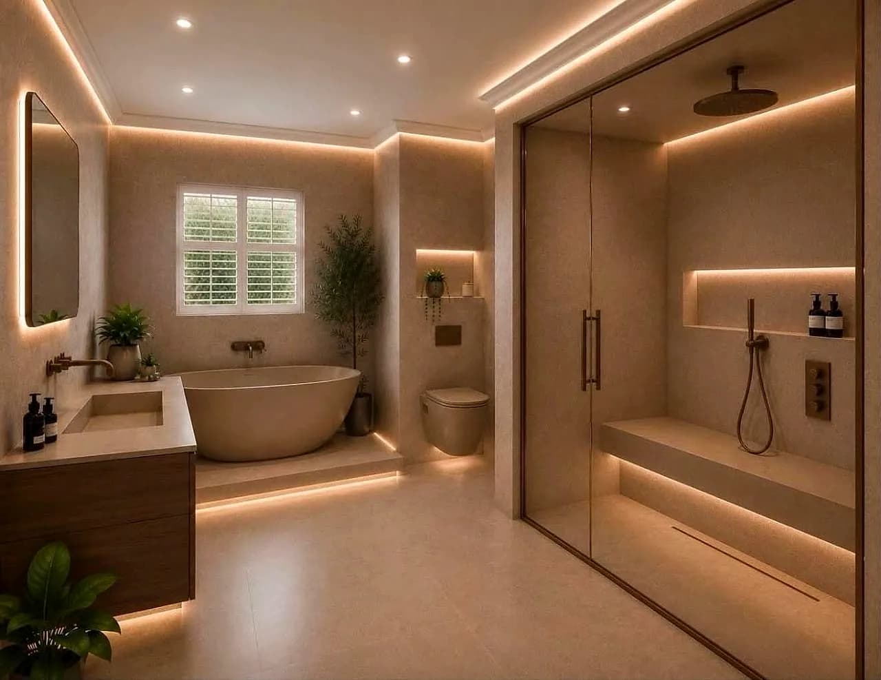 A finished London bathroom in daylight: freestanding bath under a shuttered window, lit niches and a walk-in shower